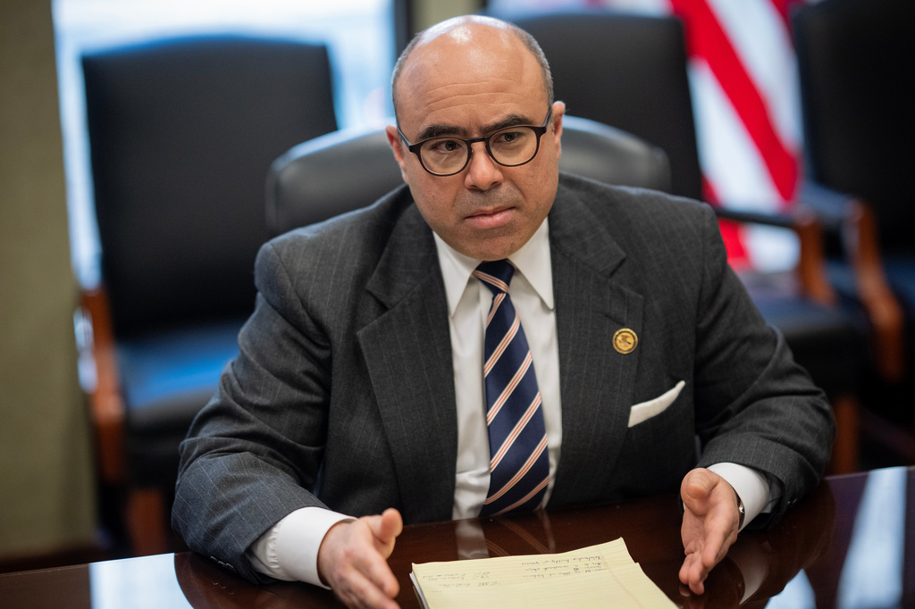 U.S. Attorney Andrew Boutros gestures at the Dirksen U.S. Courthouse, Friday, April 3, 2026, in Chicago. (E. Jason Wambsgans/Chicago Tribune via AP)