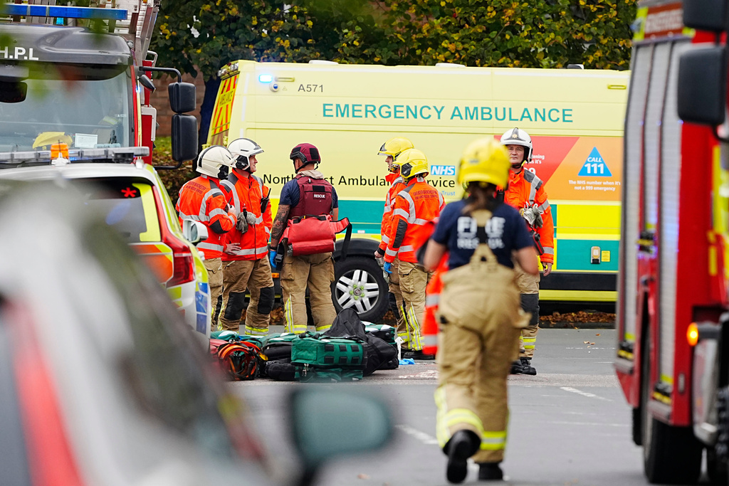 Emergency services at the scene of a stabbing at Heaton Park Hebrew Congregation synagogue, in Crumpsall, Manchester, England, Thursday Oct. 2, 2025. (Peter Byrne/PA via AP)