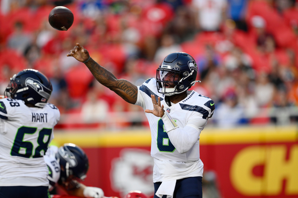 Seattle Seahawks quarterback Jalen Milroe throws against the Kansas City Chiefs during the first half of a preseason NFL football game, Friday, Aug. 28, 2026, in Kansas City, Mo. (AP Photo/Reed Hoffmann)