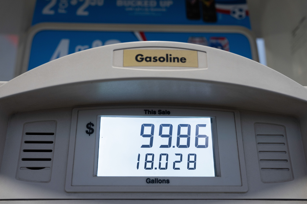 A total of $99.86 for gasoline is displayed at a fuel pump at a gas station on Wednesday, May 6, 2026, in Portland, Ore. (AP Photo/Jenny Kane)