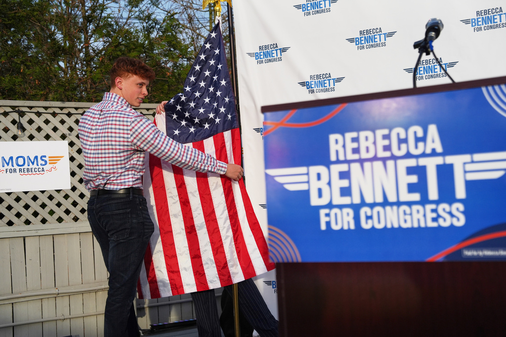 A worker sets up the stage during a primary election night watch party for Rebecca Bennett, Democratic candidate for New Jersey's 7th Congressional District, Tuesday, June 2, 2026, in Bridgewater, N.J. (AP Photo/Ryan Murphy)