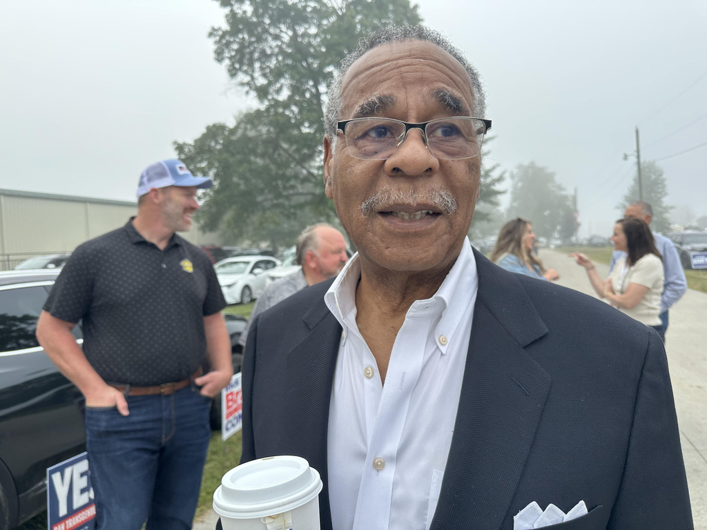 In this photo taken with a smartphone, U.S. Rep. Emanuel Cleaver, D-Mo., campaigns at the Missouri State Fairgrounds on Thursday, Aug. 20, 2026, Sedalia, Mo. (AP Photo/David A. Lieb)