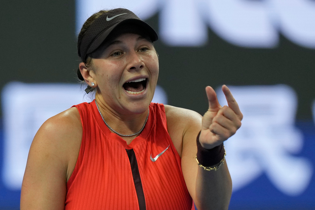 Amanda Anisimova of the United States reacts during play against Linda Noskova of the Czech Republic in the women's singles final match of the China Open tennis tournament in Beijing, China, Sunday, Oct. 5, 2025.(AP Photo/Ng Han Guan)