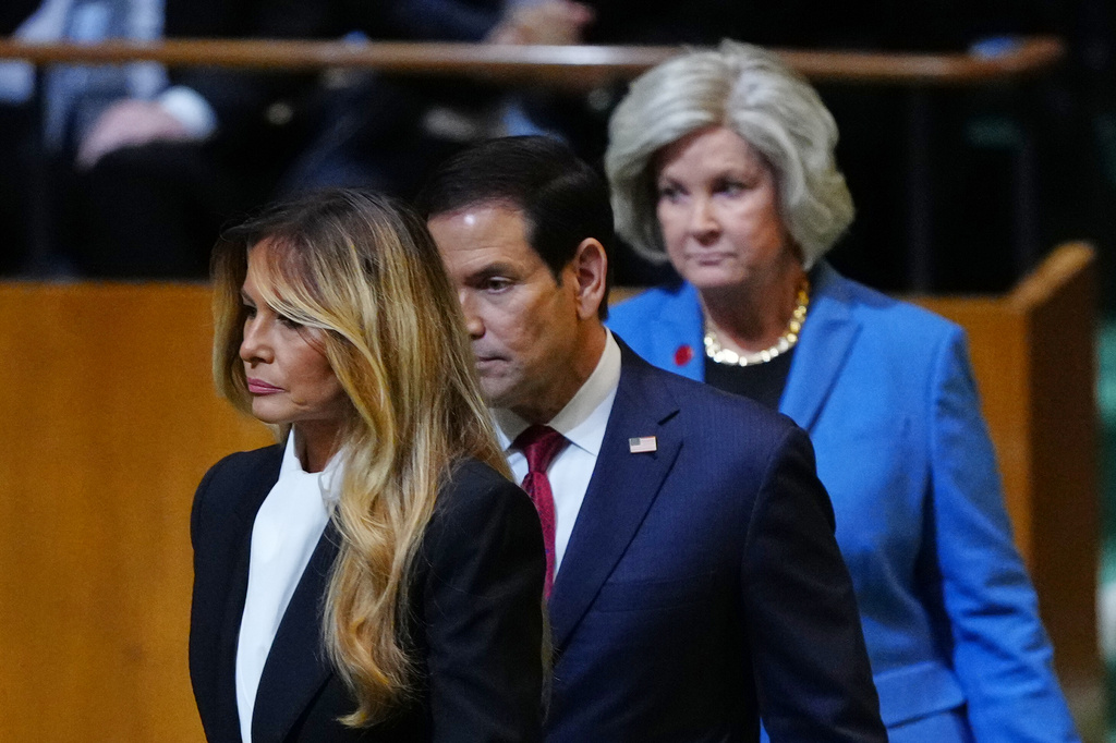 First lady Melania Trump, Secretary of State Marco Rubio and White House Chief of Staff Susan Wiles, arrive to listen to President Donald Trump speak to the United Nations General Assembly, Tuesday, Sept. 22, 2026, at the UN headquarters. (AP Photo/Julia Demaree Nikhinson)