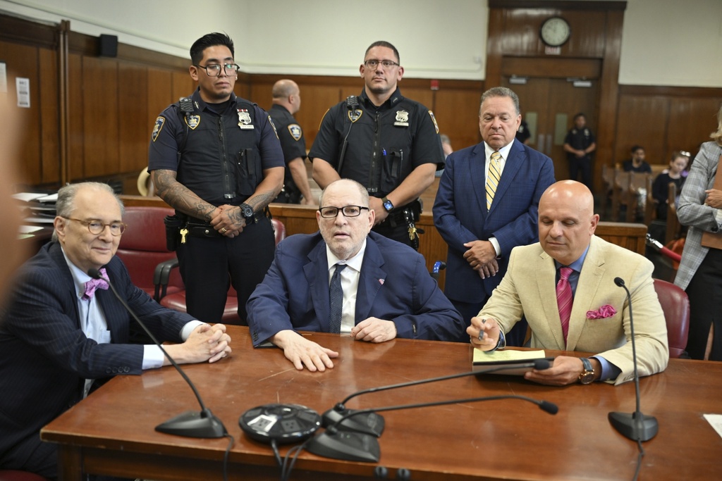 Harvey Weinstein appears in state court in Manhattan to be sentenced on his sexual assault conviction in Wednesday, Aug. 13 2025 in New York. (Curtis Means/Pool Photo via AP)