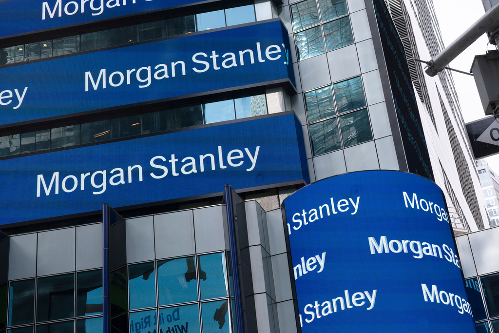 FILE - Electronic signage is seen at Morgan Stanley headquarters on March 4, 2021, in New York. (AP Photo/Mark Lennihan, File)
