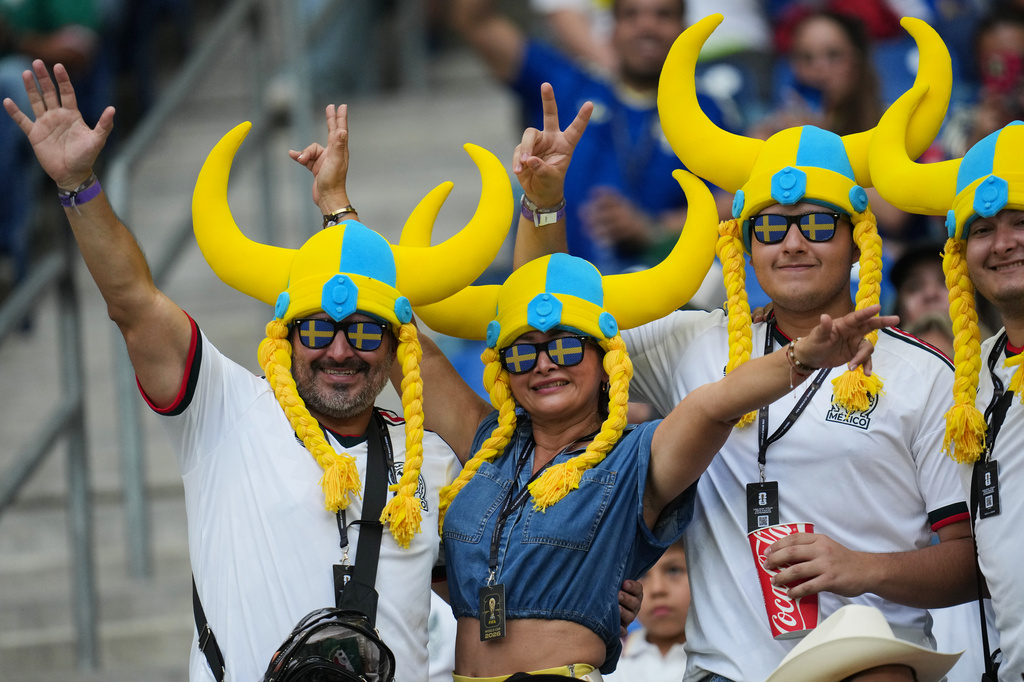 Fans react ahead of the World Cup Group F soccer match between Sweden and Tunisia in Guadalupe, near Monterrey, Mexico, Sunday, June 14, 2026. (AP Photo/Matias Delacroix)