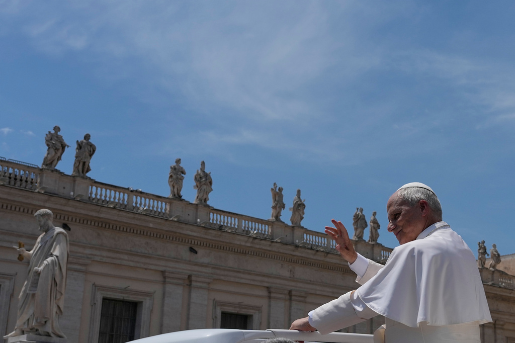 Pope Leo XIV waves as he leaves after his weekly general audience in St. Peter's Square at The Vatican, Wednesday, June 24, 2026. (AP Photo/Alessandra Tarantino)