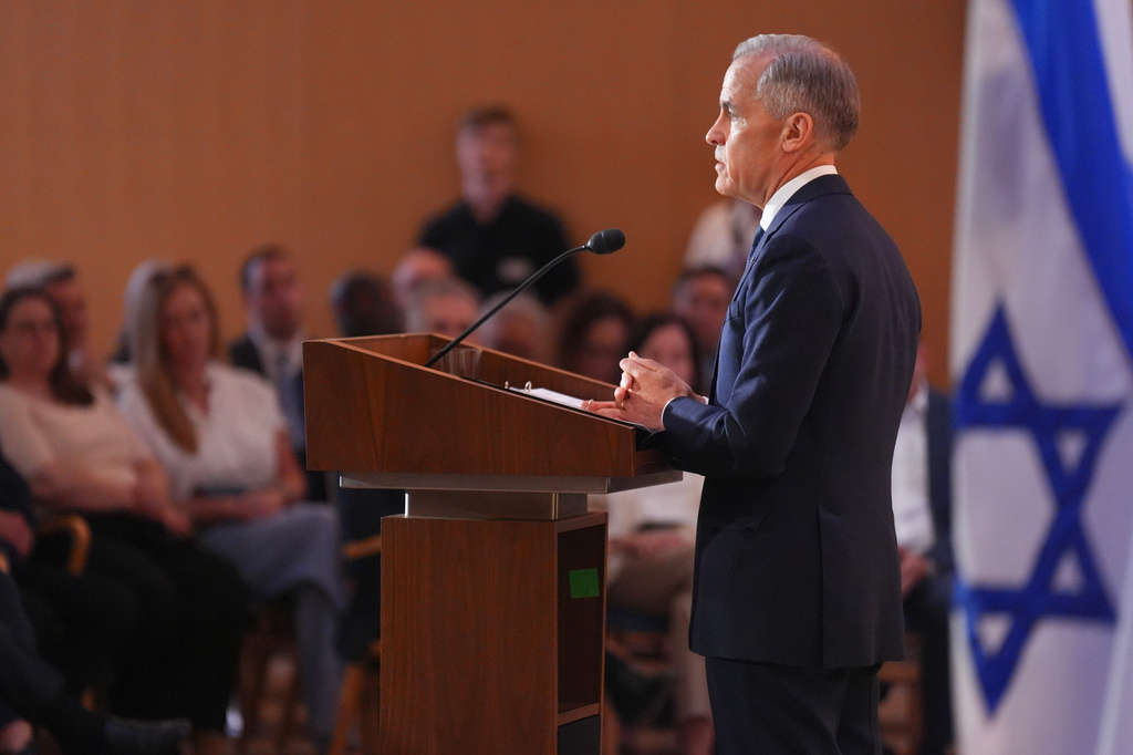 Canadian Prime Minister Mark Carney delivers remarks at Holy Blossom Temple in Toronto on Monday, June 1 2026. (Chris Young/The Canadian Press via AP)