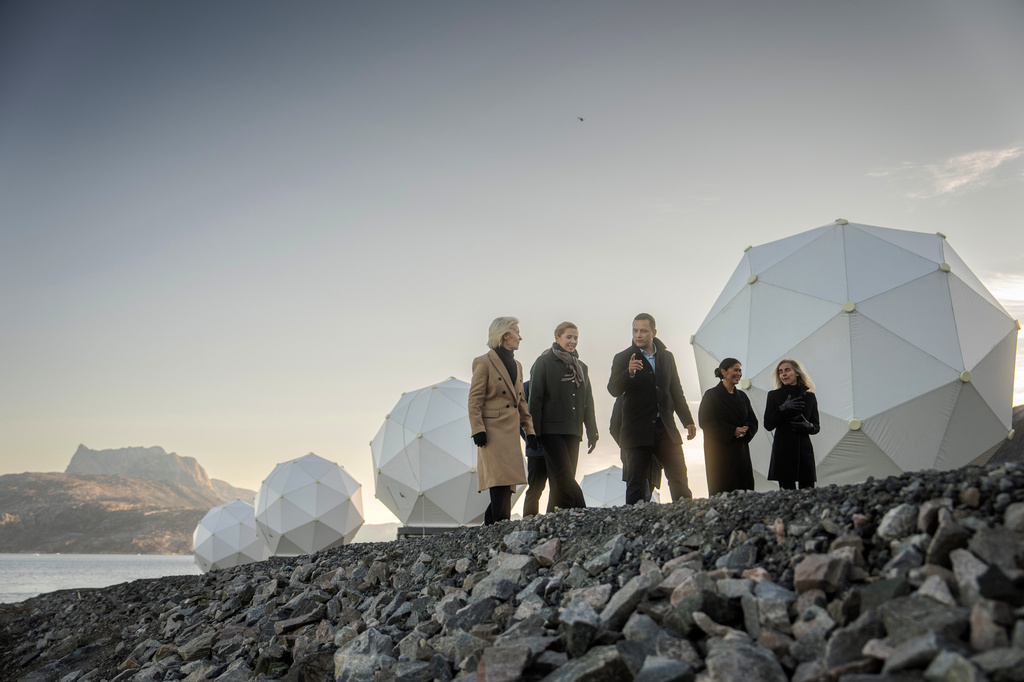 Denmark's Prime Minister Mette Frederiksen, second left, and President of the European Commission Ursula von der Leyen, left, visit the company Eutelsat OneWeb in Nuuk, Greenland, Monday, Sept. 7, 2026. (Mads Claus Rasmussen/Ritzau Scanpix via AP)