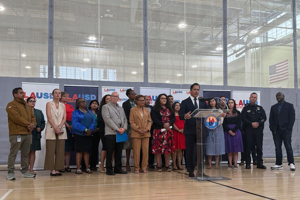 Los Angeles Unified School District Superintendent Alberto Carvalho speaks at a news conference about the upcoming school year at Roybal Learning Center in Los Angeles, Monday, August 11, 2025. (AP Photo/Jaimie Ding)