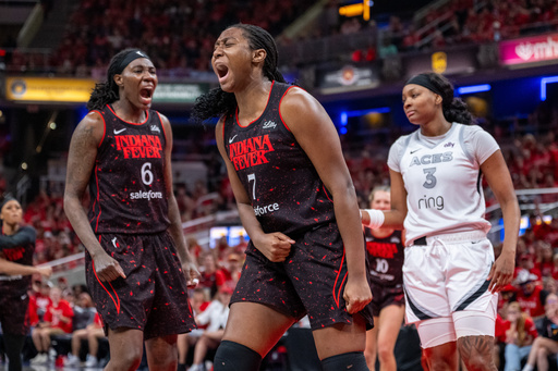 Indiana Fever forward Aliyah Boston (7) reacts after being fouled during the second half of Game 4 of a WNBA basketball playoff semifinals series against the Las Vegas Aces in Indianapolis, Sunday, Sept. 28, 2025. (AP Photo/Doug McSchooler) Indiana Fever forward Aliyah Boston (7) reacts after being fouled during the second half of Game 4 of a WNBA basketball playoff semifinals series against the Las Vegas Aces in Indianapolis, Sunday, Sept. 28, 2025. (AP Photo/Doug McSchooler)