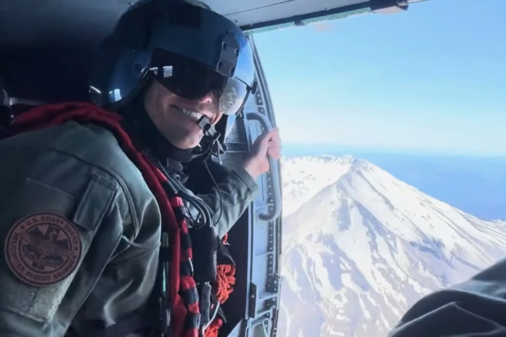 In this photo provided by the U.S. Coast Guard, rescue swimmer Tyler Jaggers, who died March 5, 2026, of his injuries following a medical evacuation mission off the coast of Washington state, is seen in an aircraft. (U.S. Coast Guard via AP)