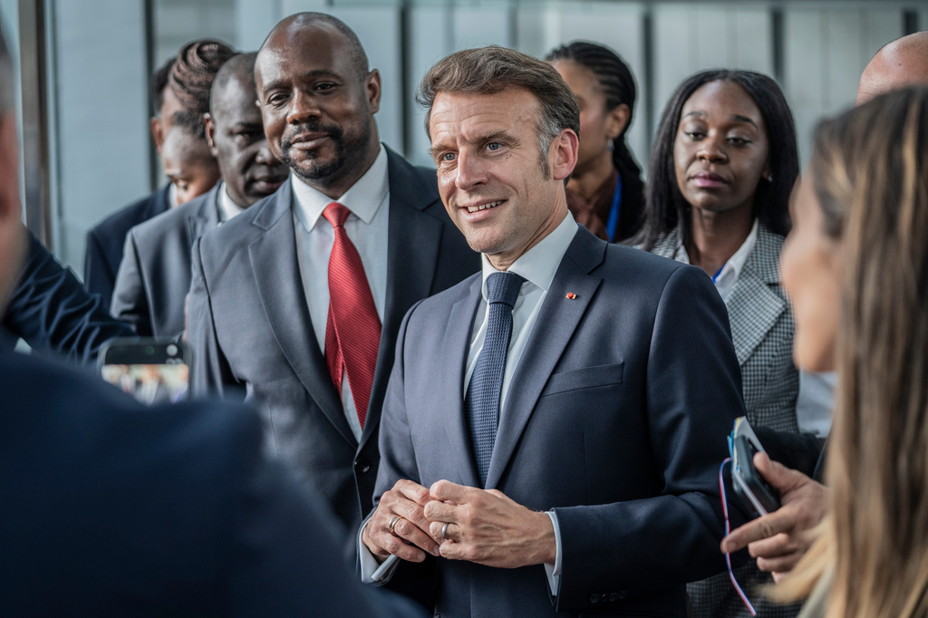 France's President Emmanuel Macron speaks with delegates at the African Union headquarters in Addis Ababa, Ethiopia, Wednesday, May 13, 2026. (AP Photo/Amanuel Sileshi)