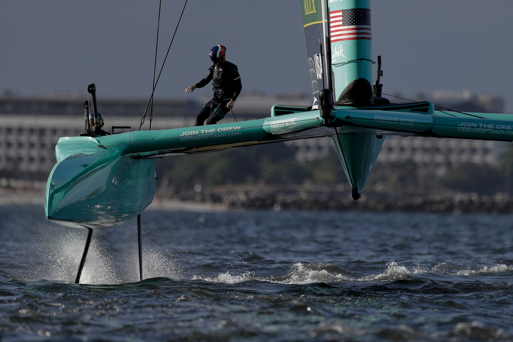 United States SailGP Team competes during the Brazil Sail Grand Prix race on Guanabara Bay in Rio de Janeiro, Sunday, April 12, 2026. (AP Photo/Bruna Prado)