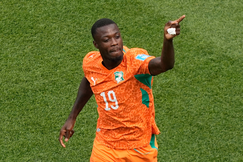 Ivory Coast's Nicolas Pepe (19) celebrates after scoring the opening goal during the World Cup Group E soccer match between Curacao and Ivory Coast in Philadelphia, Thursday, June 25, 2026. (AP Photo/Matt Slocum)