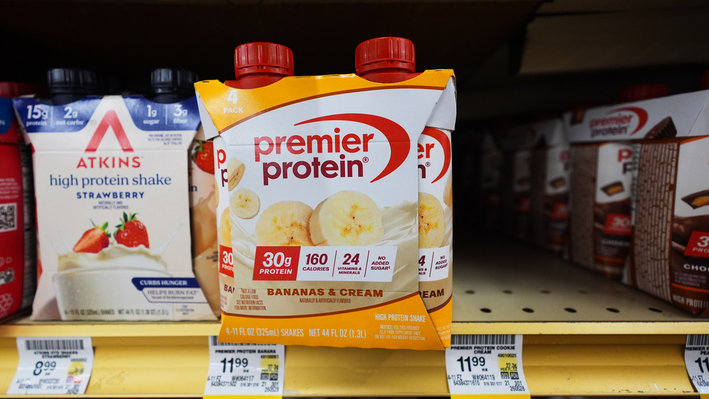 Protein products sit for sale at a grocery store, Wednesday, June 10, 2026, in Dallas. (AP Photo/LM Otero)