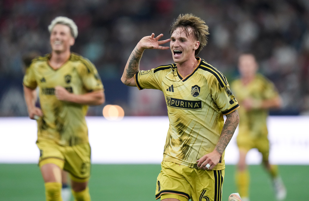 St. Louis City's Conrad Wallem celebrates his goal against the Vancouver Whitecaps during the first half of a soccer match, in Vancouver, Saturday, Sept. 5, 2026. (Darryl Dyck/The Canadian Press via AP)