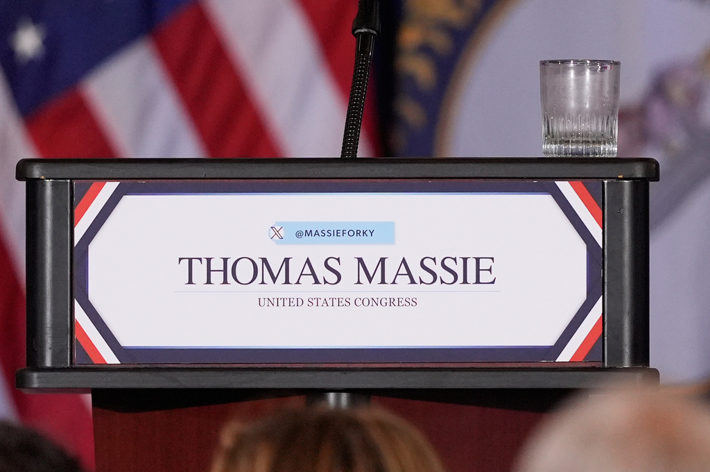 An empty glass is seen after Rep. Thomas Massie, R-Ky., spoke during an election night watch party after losing the Republican party's nomination at the Marriott Cincinnati Airport, Tuesday, May 19, 2026, in Hebron, Ky. (AP Photo/Carolyn Kaster)