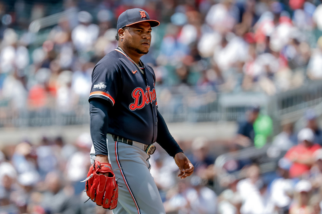 Detroit Tigers starting pitcher Framber Valdez (59) reacts between Atlanta Braves batters during the second inning of a baseball game, Thursday, April 30, 2026, in Atlanta. (AP Photo/Erik S. Lesser)