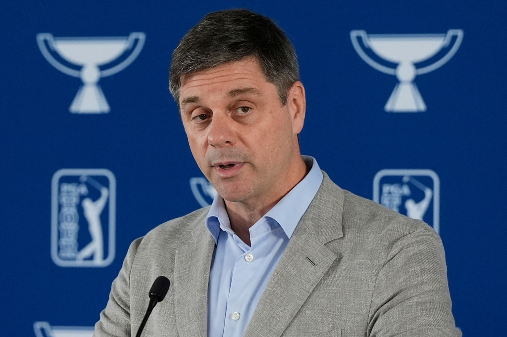 FILE - PGA Tour CEO Brian Rolapp speaks before a practice round of the Tour Championship golf tournament, Wednesday, Aug. 20, 2025, in Atlanta. (AP Photo/Mike Stewart, File)