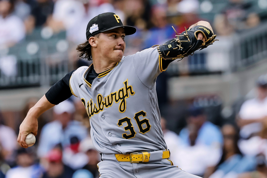 Pittsburgh Pirates pitcher Bubba Chandler delivers to an Atlanta Braves during the second inning of a baseball game, Sunday, June 7, 2026, in Atlanta. (AP Photo/Erik S. Lesser)
