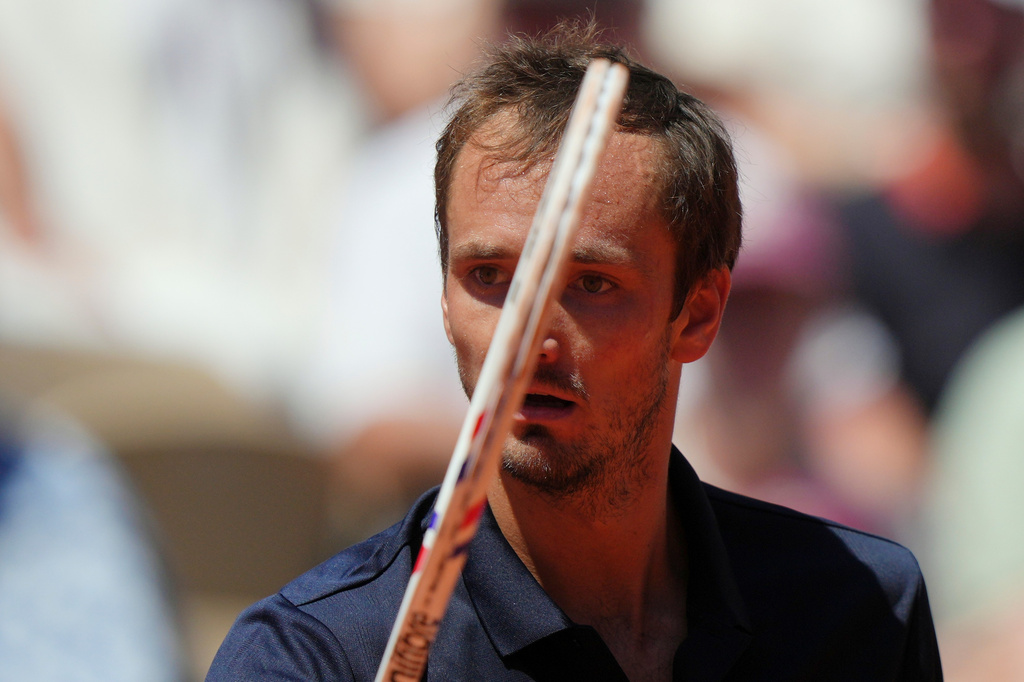 Daniil Medvedev of Russia reacts as he plays against Adam Walton of Australia during their first round men's singles tennis match at the French Open tennis tournament in Paris, Tuesday, May 26, 2026. (AP Photo/Aurelien Morissard)