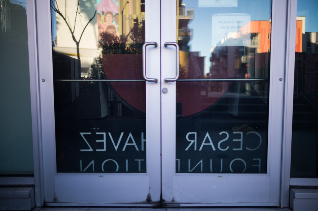 A sign for the Cesar Chavez Foundation sits in the lobby of its office in Los Angeles, Wednesday, March 18, 2026. (AP Photo/Jae C. Hong)