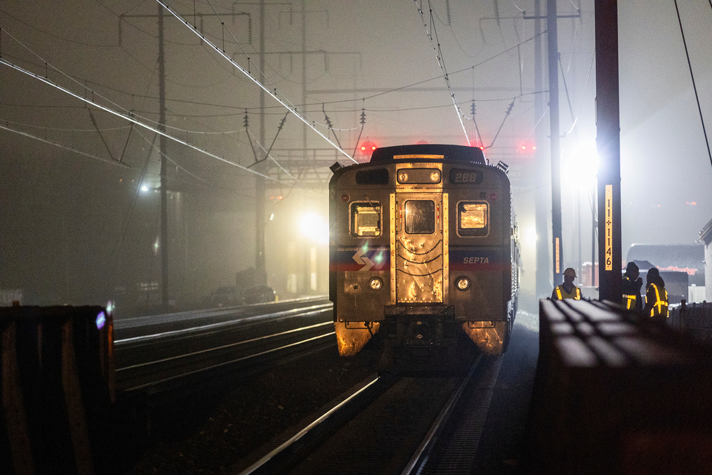 FILE - A SEPTA Regional Rail train sits after the train caught fire Feb. 6, 2025 in Ridley Park, Pa. (Charles Fox/The Philadelphia Inquirer via AP, File)