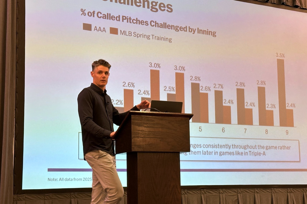 MLB Vice President of On-Field Strategy Joe Martinez gives a presentation about the new Automated Ball/Strike system that will be used in regular season games, Thursday, Feb. 12, 2026, in Scottsdale, Ariz. (AP Photo/David Brandt)