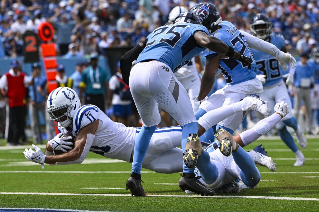 Indianapolis Colts wide receiver Michael Pittman (11) dives into the end zone for a touchdown against the Tennessee Titans during the second half of an NFL football game Sunday, Sept. 21, 2025, in Nashville, Tenn. (AP Photo/John Amis)