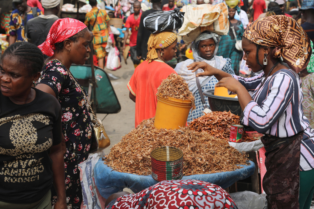 FILE - A vendor sells crayfish at a Mile 12 Market in Lagos, Nigeria, Feb. 16, 2024. (AP Photo/Mansur Ibrahim, File)
