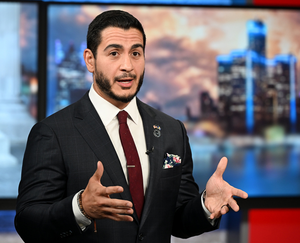 Abdul El-Sayed speaks during a U.S. Senate debate with U.S. Rep. Haley Stevens, Monday, July 27, 2026, in Southfield, Mich. (Robin Buckson/Detroit News via AP, Pool)