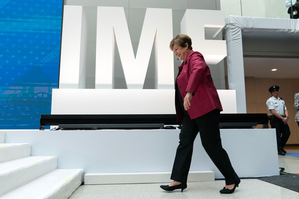 International Monetary Fund (IMF) Managing Director Kristalina Georgieva arrives to speaks at a news conference ahead of the World Bank/IMF Spring Meetings at the IMF headquarters in Washington, Thursday, April 9, 2026. (AP Photo/Jose Luis Magana)