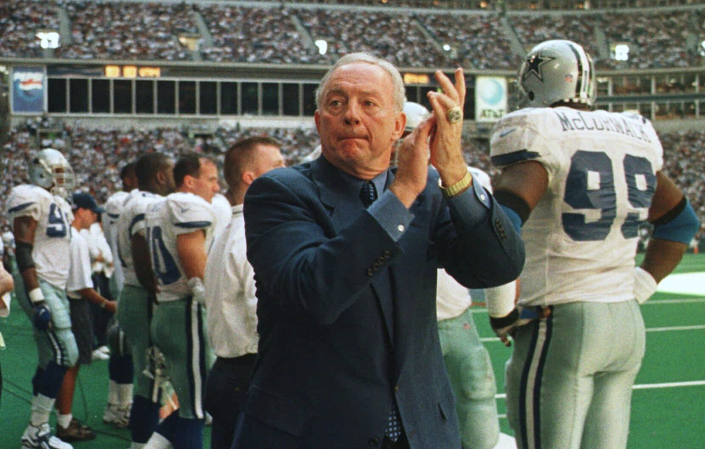Dallas Cowboys owner Jerry Jones cheers for his team after Herschel Walker scored a 64-yeard touchdown during the fourth quarter against the Jacksonville Jaguars in Irving, Texas, Sunday, Oct. 19, 1997. Dallas won 26-22. (AP Photo/Linda Kaye)