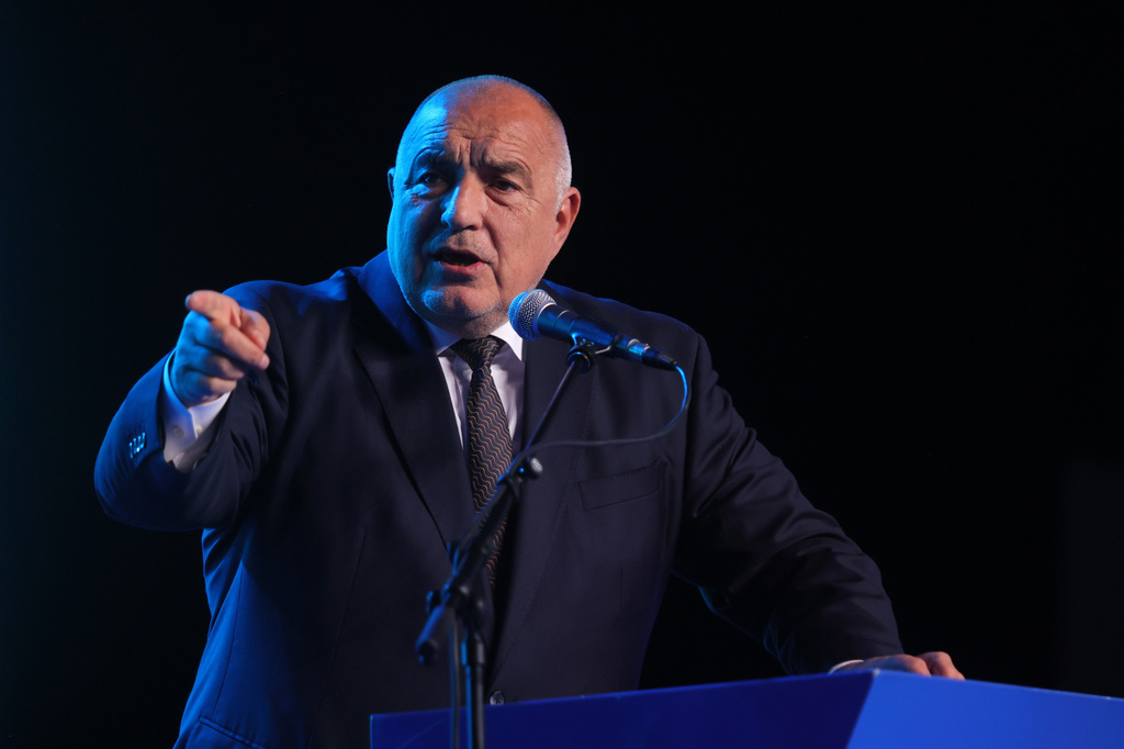 Former three-time conservative Prime Minister Boyko Borissov delivers a speech at the closing rally of his campaign, in Samokov, Bulgaria, Wednesday, April 15, 2026. (AP Photo/Valentina Petrova)