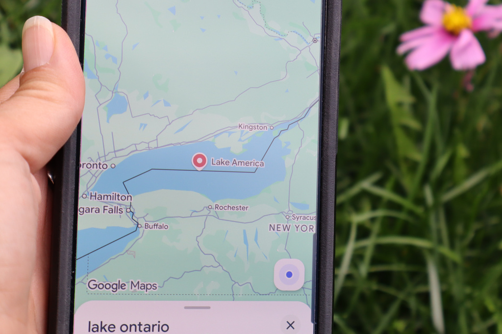 A search for "Lake Ontario" on Google Maps shows up as "Lake America," Sunday, Aug. 30, 2026, from Bellemont, Ariz. (AP Photo/Felicia Fonseca)