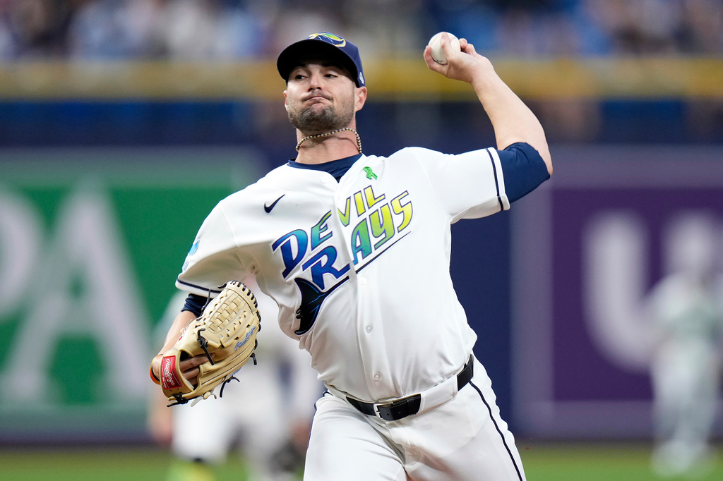 Tampa Bay Rays pitcher Shane McClanahan delivers to the San Francisco Giants during the first inning of a baseball game Friday, May 1, 2026, in St. Petersburg, Fla. (AP Photo/Chris O'Meara)