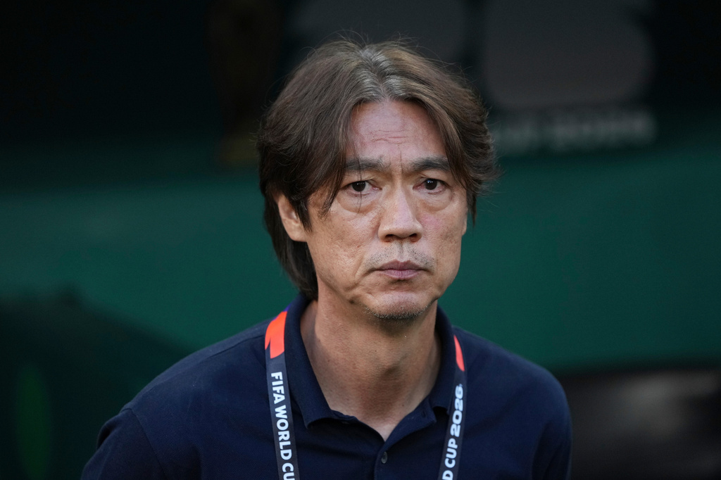South Korea head coach Hong Myung-bo looks on ahead the World Cup Group A soccer match between South Africa and South Korea in Guadalupe, near Monterrey, Mexico, Wednesday, June 24, 2026. (AP Photo/Moises Castillo)