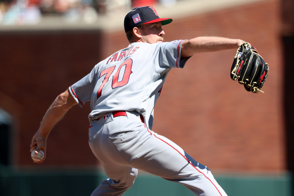Los Angeles Angels pitcher Mitch Farris throws against the San Francisco Giants during the ninth inning of a baseball game in San Francisco, Sunday, July 26, 2026. (AP Photo/Jed Jacobsohn)