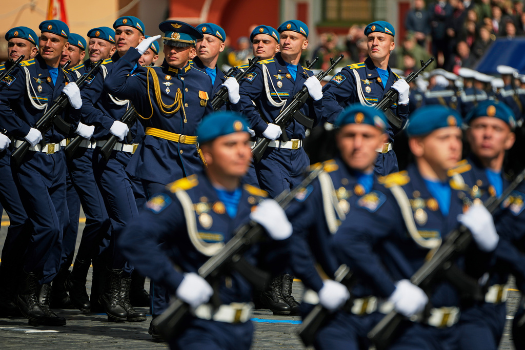 FILE - Russian servicemen march along Red Square during the Victory Day military parade in Moscow, Russia, Friday, May 9, 2025, during celebrations of the 80th anniversary of the Soviet Union's victory over Nazi Germany during the World War II. (AP Photo/Pavel Bednyakov, Pool, File)