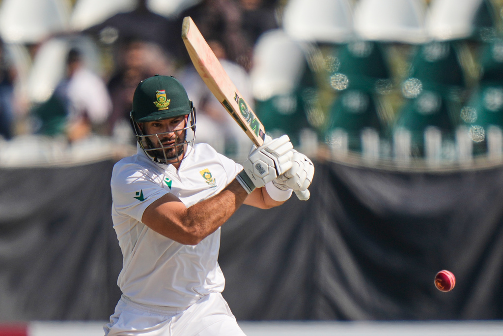 South Africa's Aiden Markram plays a shot during the fourth day of the second test cricket match between Pakistan and South Africa, in Rawalpindi, Pakistan, Thursday, Oct. 23, 2025. (AP Photo/Anjum Naveed)