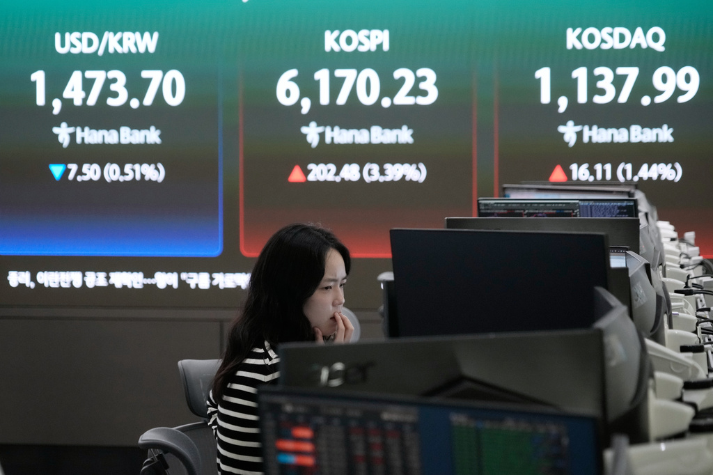 A currency trader watches monitors near a screen showing the Korea Composite Stock Price Index (KOSPI), top center, and the foreign exchange rate between U.S. dollar and South Korean won, top center left, at the foreign exchange dealing room of the Hana Bank headquarters in Seoul, South Korea, Wednesday, April 15, 2026. (AP Photo/Ahn Young-joon)