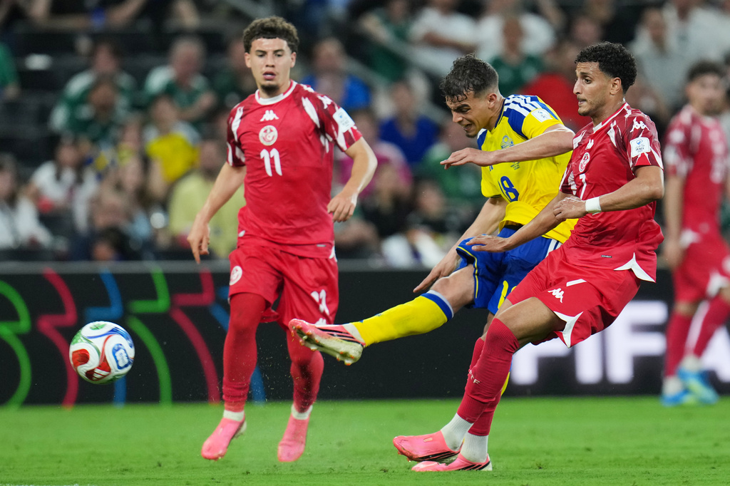 Sweden's Yasin Ayari (18) scores his team's fifth goal during the World Cup Group F soccer match between Sweden and Tunisia in Guadalupe, near Monterrey, Mexico, Sunday, June 14, 2026. (AP Photo/Matias Delacroix)