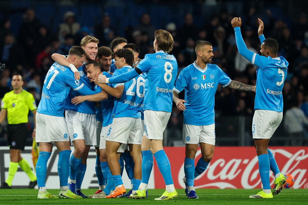 Napoli's Stanislav Lobotka celebrates after scoring the opening goal during the Serie A soccer match between Napoli and Sassuolo in Naples, Italy, Saturday, Jan. 17, 2026. (Alessandro Garofalo/LaPresse via AP)