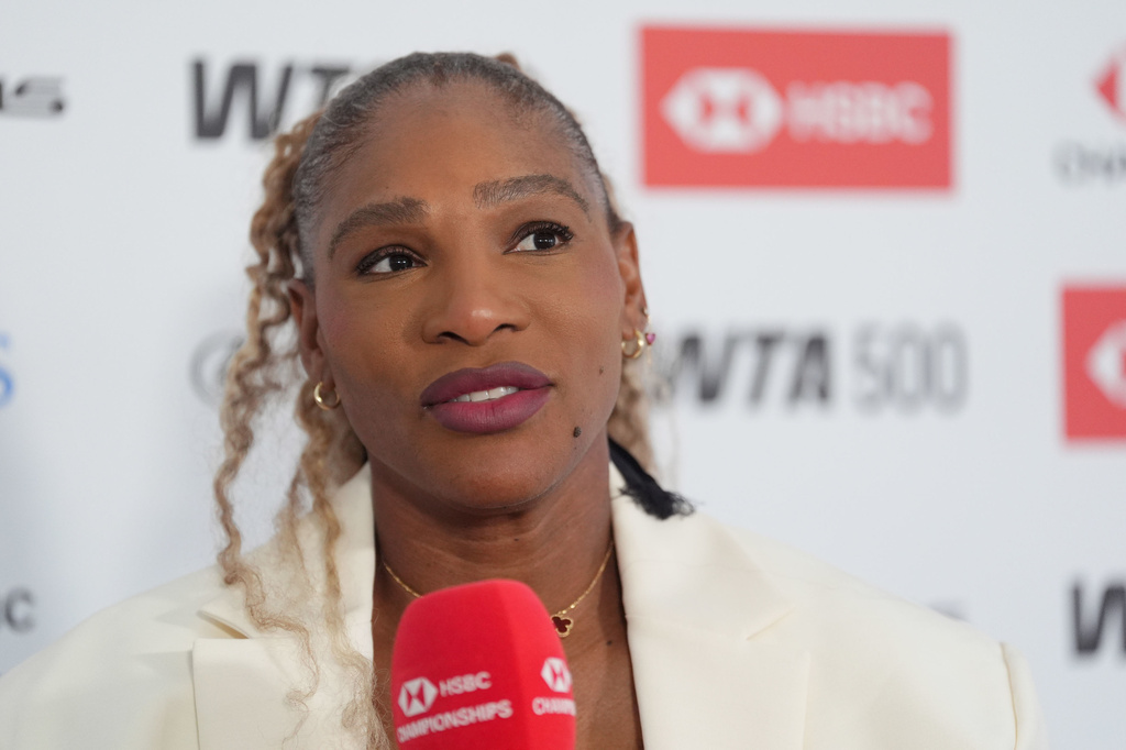 Serena Williams during a press conference at The Queen's Club, London, Sunday June 7, 2026. (Adam Davy/PA via AP)