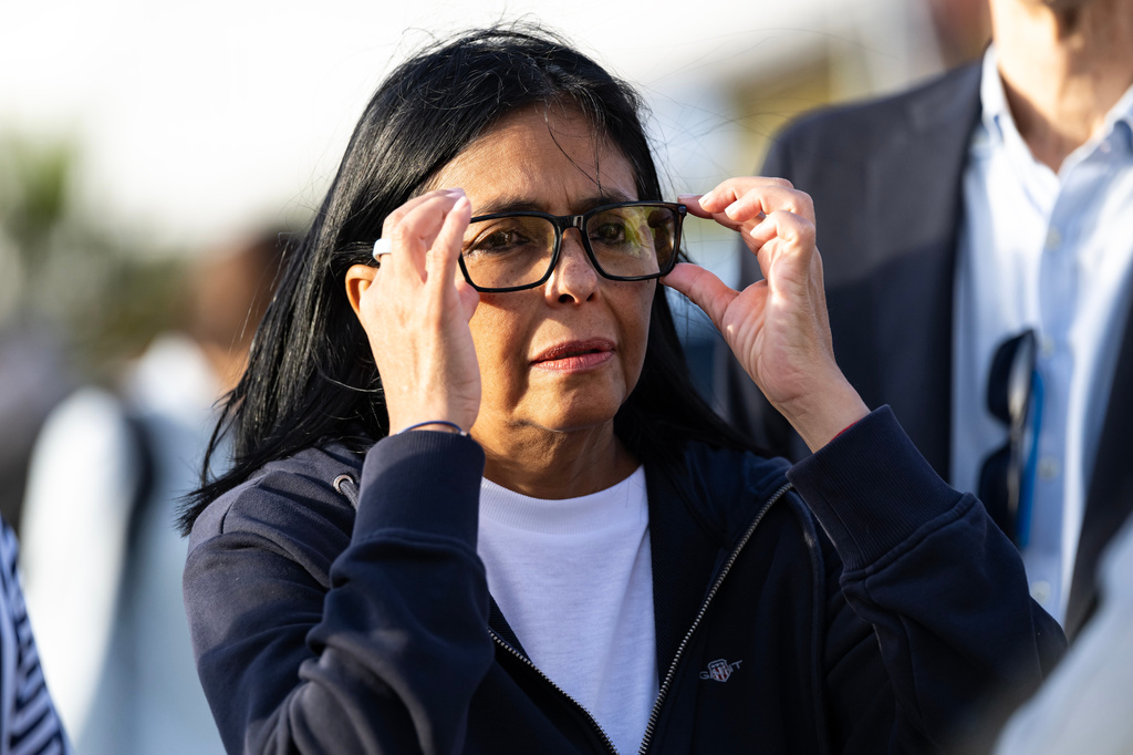 Venezuela's interim President Delcy Rodriguez gestures as she visits a temporary camp of the French Civil Security in La Guaira, Wednesday, July 1, 2026, following the June 24 earthquakes. (Miguel Medina/Pool Photo via AP)
