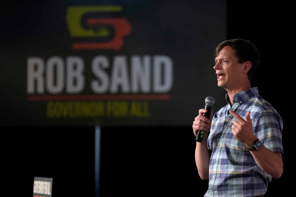 Iowa Democratic gubernatorial candidate Rob Sand speaks during a campaign rally, Sunday, June 7, 2026, in Des Moines, Iowa. (AP Photo/Charlie Neibergall)