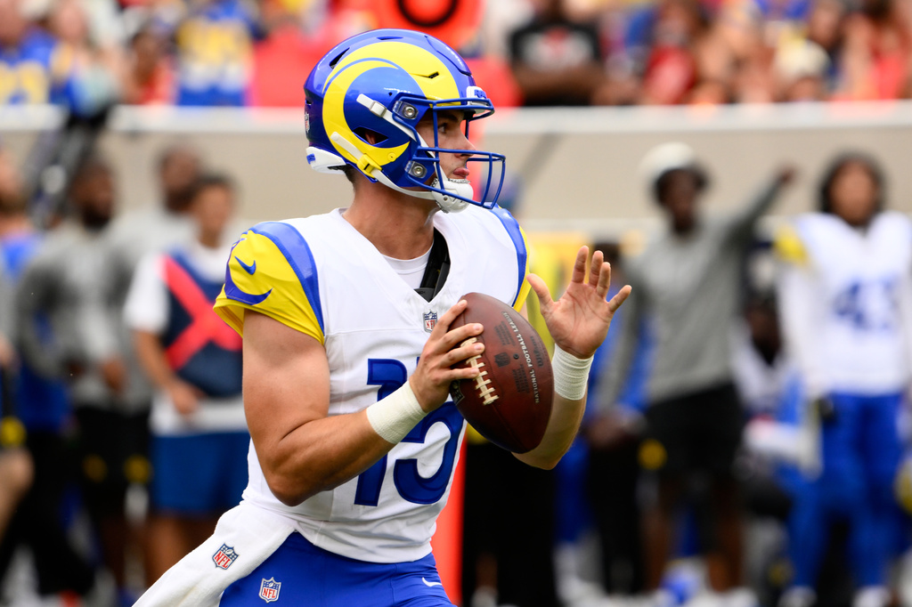 Los Angeles Rams quarterback Ty Simpson passes against the Kansas City Chiefs during the first half of an NFL preseason football game, Saturday, Aug. 15, 2026, in Kansas City, MO. (AP Photo/Reed Hoffmann)