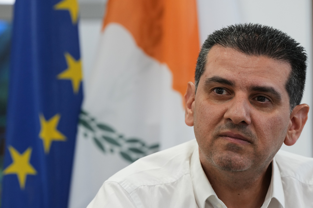 Cyprus' Energy Minister Michael Damianos looks on during an interview with The Associated Press in Nicosia, Cyprus, on Aug. 7, 2026. (AP Photo/Petros Karadjias)